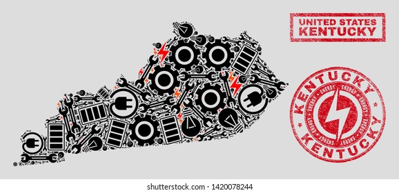 Composition of mosaic power supply Kentucky State map and grunge seals. Mosaic vector Kentucky State map is composed with workshop and electricity elements. Black and red colors used.