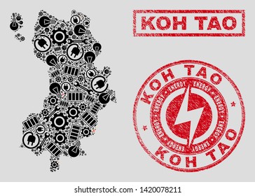 Composition of mosaic power supply Koh Tao map and grunge seals. Collage vector Koh Tao map is composed with service and power elements. Black and red colors used. Templates for power supply services.