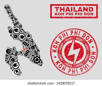 Composition of mosaic power supply Koh Phi Don map and grunge watermarks. Mosaic vector Koh Phi Don map is created with workshop and power elements. Black and red colors used.
