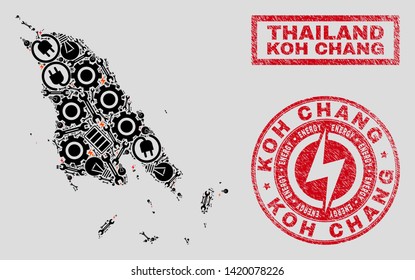 Composition of mosaic power supply Koh Chang map and grunge stamps. Collage vector Koh Chang map is created with service and power symbols. Black and red colors used.