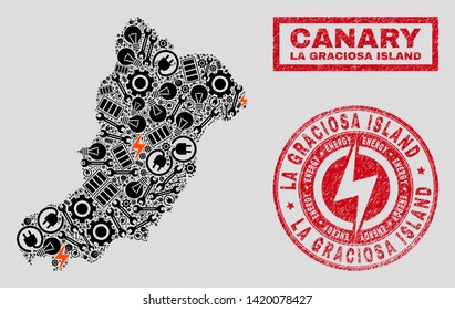 Composition of mosaic power supply La Graciosa Island map and grunge stamp seals. Mosaic vector La Graciosa Island map is designed with workshop and lamp icons. Black and red colors used.