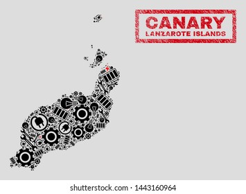 Composition of mosaic power supply Lanzarote Islands map and grunge stamp seals. Collage vector Lanzarote Islands map is created with repair and energy symbols. Black and red colors used.