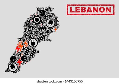 Composition of mosaic power supply Lebanon map and grunge stamps. Collage vector Lebanon map is created with equipment and innovation elements. Black and red colors used.