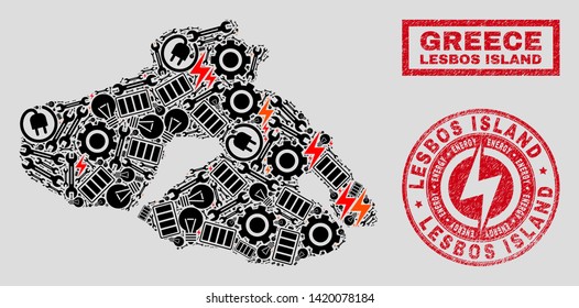 Composition of mosaic power supply Lesbos Island map and grunge watermarks. Collage vector Lesbos Island map is created with equipment and power symbols. Black and red colors used.