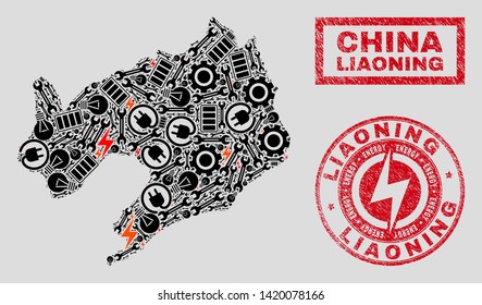 Composition of mosaic power supply Liaoning Province map and grunge seals. Mosaic vector Liaoning Province map is composed with repair and power symbols. Black and red colors used.