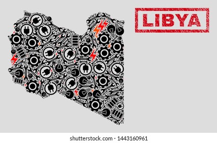 Composition of mosaic power supply Libya map and grunge watermarks. Mosaic vector Libya map is designed with workshop and bulb elements. Black and red colors used.