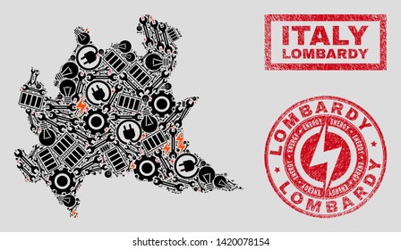 Composition of mosaic power supply Lombardy region map and grunge stamps. Mosaic vector Lombardy region map is composed with workshop and bulb symbols. Black and red colors used.