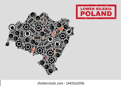 Composition of mosaic power supply Lower Silesia Province map and grunge watermarks. Mosaic vector Lower Silesia Province map is designed with service and power symbols. Black and red colors used.