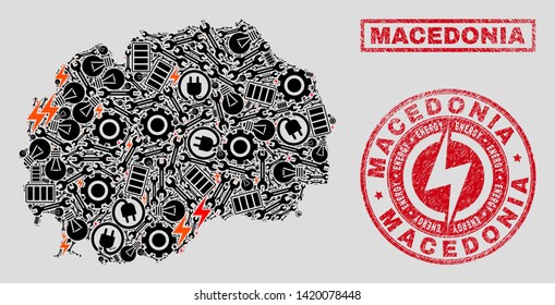 Composition of mosaic power supply Macedonia map and grunge stamps. Mosaic vector Macedonia map is composed with tools and energy elements. Black and red colors used.