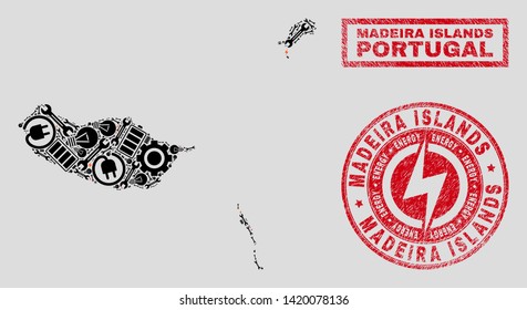 Composition of mosaic power supply Madeira Islands map and grunge seals. Collage vector Madeira Islands map is composed with equipment and electricity icons. Black and red colors used.