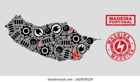 Composition of mosaic power supply Madeira map and grunge stamp seals. Mosaic vector Madeira map is created with repair and bulb elements. Black and red colors used.
