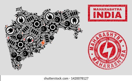 Composition of mosaic power supply Maharashtra State map and grunge stamp seals. Mosaic vector Maharashtra State map is created with hardware and innovation symbols. Black and red colors used.