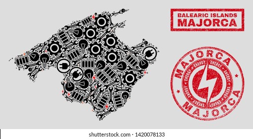 Composition of mosaic power supply Majorca map and grunge watermarks. Collage vector Majorca map is designed with hardware and energy icons. Black and red colors used.