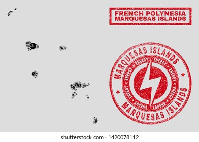 Composition of mosaic power supply Marquesas Islands map and grunge stamp seals. Mosaic vector Marquesas Islands map is created with hardware and power icons. Black and red colors used.