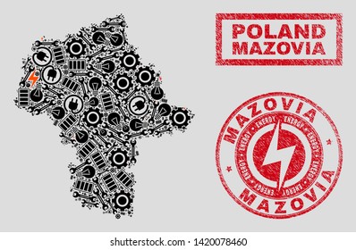 Composition of mosaic power supply Masovian Voivodeship map and grunge watermarks. Mosaic vector Masovian Voivodeship map is created with equipment and electricity symbols. Black and red colors used.
