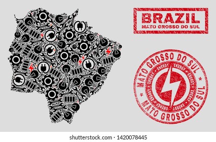 Composition of mosaic power supply Mato Grosso do Sul State map and grunge watermarks. Collage vector Mato Grosso do Sul State map is created with tools and power symbols. Black and red colors used.