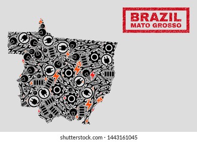 Composition of mosaic power supply Mato Grosso State map and grunge seals. Mosaic vector Mato Grosso State map is composed with repair and electric symbols. Black and red colors used.