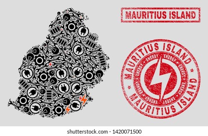 Composition of mosaic power supply Mauritius Island map and grunge stamps. Collage vector Mauritius Island map is designed with service and power elements. Black and red colors used.