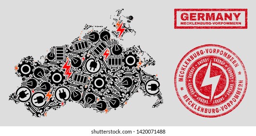 Composition of mosaic power supply Mecklenburg-Vorpommern Land map and grunge watermarks. Mosaic vector Mecklenburg-Vorpommern Land map is designed with workshop and power elements.
