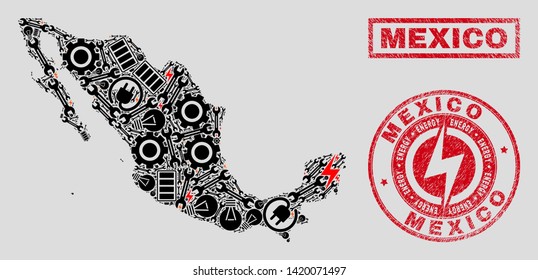 Composition of mosaic power supply Mexico map and grunge stamps. Collage vector Mexico map is composed with gear and power elements. Black and red colors used. Abstraction for power supply services.