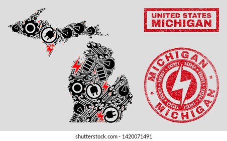 Composition of mosaic power supply Michigan State map and grunge watermarks. Mosaic vector Michigan State map is created with workshop and electricity elements. Black and red colors used.