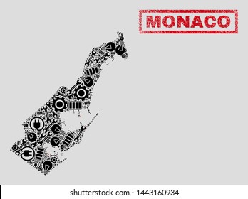 Composition of mosaic power supply Monaco map and grunge seals. Mosaic vector Monaco map is created with equipment and energy icons. Black and red colors used. Abstraction for power supply business.