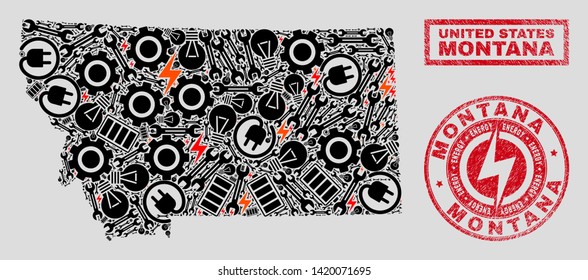 Composition of mosaic power supply Montana State map and grunge stamps. Mosaic vector Montana State map is designed with service and power elements. Black and red colors used.