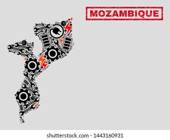 Composition of mosaic power supply Mozambique map and grunge watermarks. Collage vector Mozambique map is created with hardware and innovation elements. Black and red colors used.