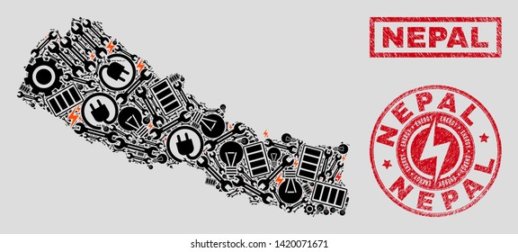 Composition of mosaic power supply Nepal map and grunge stamps. Mosaic vector Nepal map is designed with gear and energy icons. Black and red colors used. Abstract images for power supply services.