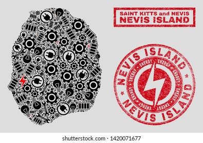 Composition of mosaic power supply Nevis Island map and grunge stamps. Mosaic vector Nevis Island map is designed with equipment and bulb elements. Black and red colors used.