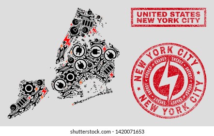 Composition of mosaic power supply New York City map and grunge stamp seals. Mosaic vector New York City map is designed with gear and power elements. Black and red colors used.