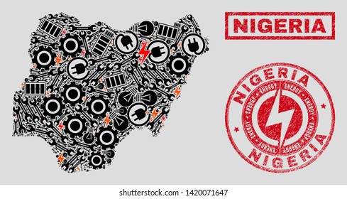 Composition of mosaic power supply Nigeria map and grunge stamp seals. Mosaic vector Nigeria map is created with equipment and power symbols. Black and red colors used.