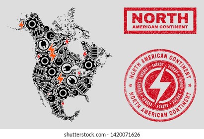 Composition of mosaic power supply North America v2 map and grunge watermarks. Mosaic vector North America v2 map is created with tools and innovation symbols. Black and red colors used.