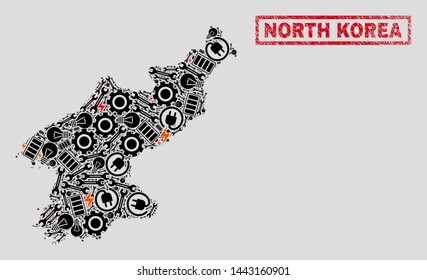 Composition of mosaic power supply North Korea map and grunge seals. Mosaic vector North Korea map is designed with repair and electricity icons. Black and red colors used.