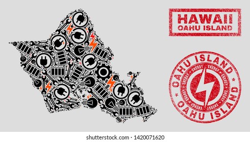 Composition of mosaic power supply Oahu Island map and grunge watermarks. Mosaic vector Oahu Island map is designed with equipment and electricity symbols. Black and red colors used.