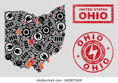Composition of mosaic power supply Ohio State map and grunge seals. Collage vector Ohio State map is created with tools and power icons. Black and red colors used. Concept for power supply services.