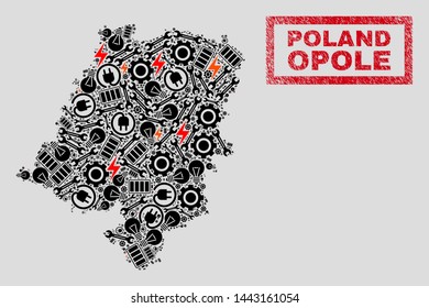 Composition of mosaic power supply Opole Voivodeship map and grunge seals. Mosaic vector Opole Voivodeship map is created with hardware and bulb icons. Black and red colors used.
