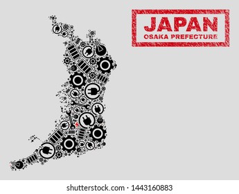 Composition of mosaic power supply Osaka Prefecture map and grunge watermarks. Mosaic vector Osaka Prefecture map is composed with workshop and bulb elements. Black and red colors used.