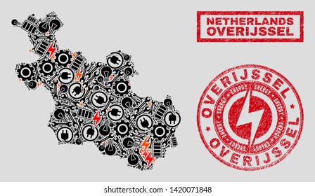Composition of mosaic power supply Overijssel Province map and grunge stamp seals. Mosaic vector Overijssel Province map is created with workshop and electric elements. Black and red colors used.