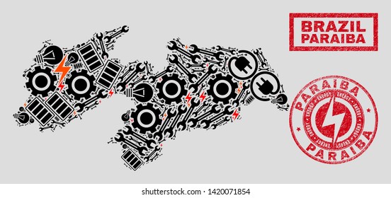 Composition of mosaic power supply Paraiba State map and grunge stamps. Mosaic vector Paraiba State map is composed with hardware and innovation icons. Black and red colors used.