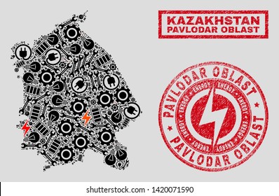 Composition of mosaic power supply Pavlodar Region map and grunge watermarks. Mosaic vector Pavlodar Region map is designed with equipment and energy elements. Black and red colors used.