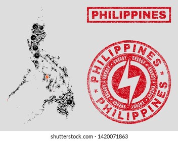 Composition of mosaic power supply Philippines map and grunge stamp seals. Mosaic vector Philippines map is composed with tools and bulb elements. Black and red colors used.