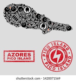 Composition of mosaic power supply Pico Island map and grunge stamp seals. Mosaic vector Pico Island map is composed with repair and electric elements. Black and red colors used.