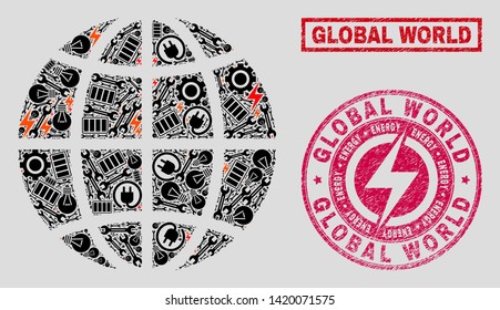 Composition of mosaic power supply planet globe and grunge watermarks. Mosaic vector planet globe is composed with workshop and energy symbols. Black and red colors used.