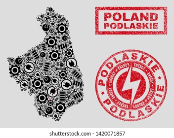 Composition of mosaic power supply Podlaskie Voivodeship map and grunge watermarks. Collage vector Podlaskie Voivodeship map is designed with equipment and innovation icons. Black and red colors used.