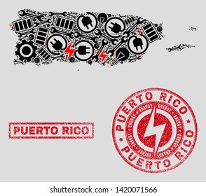 Composition of mosaic power supply Puerto Rico map and grunge stamps. Mosaic vector Puerto Rico map is composed with workshop and innovation symbols. Black and red colors used.