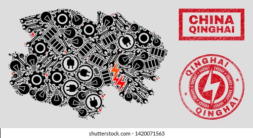 Composition of mosaic power supply Qinghai Province map and grunge watermarks. Mosaic vector Qinghai Province map is composed with gear and bulb icons. Black and red colors used.