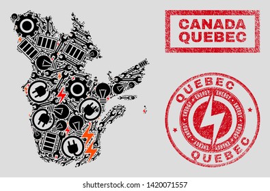 Composition of mosaic power supply Quebec Province map and grunge stamp seals. Mosaic vector Quebec Province map is created with workshop and power icons. Black and red colors used.