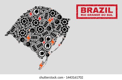 Composition of mosaic power supply Rio Grande do Sul State map and grunge stamp seals. Mosaic vector Rio Grande do Sul State map is designed with workshop and electricity elements.