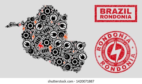 Composition of mosaic power supply Rondonia State map and grunge stamps. Mosaic vector Rondonia State map is designed with hardware and power symbols. Black and red colors used.